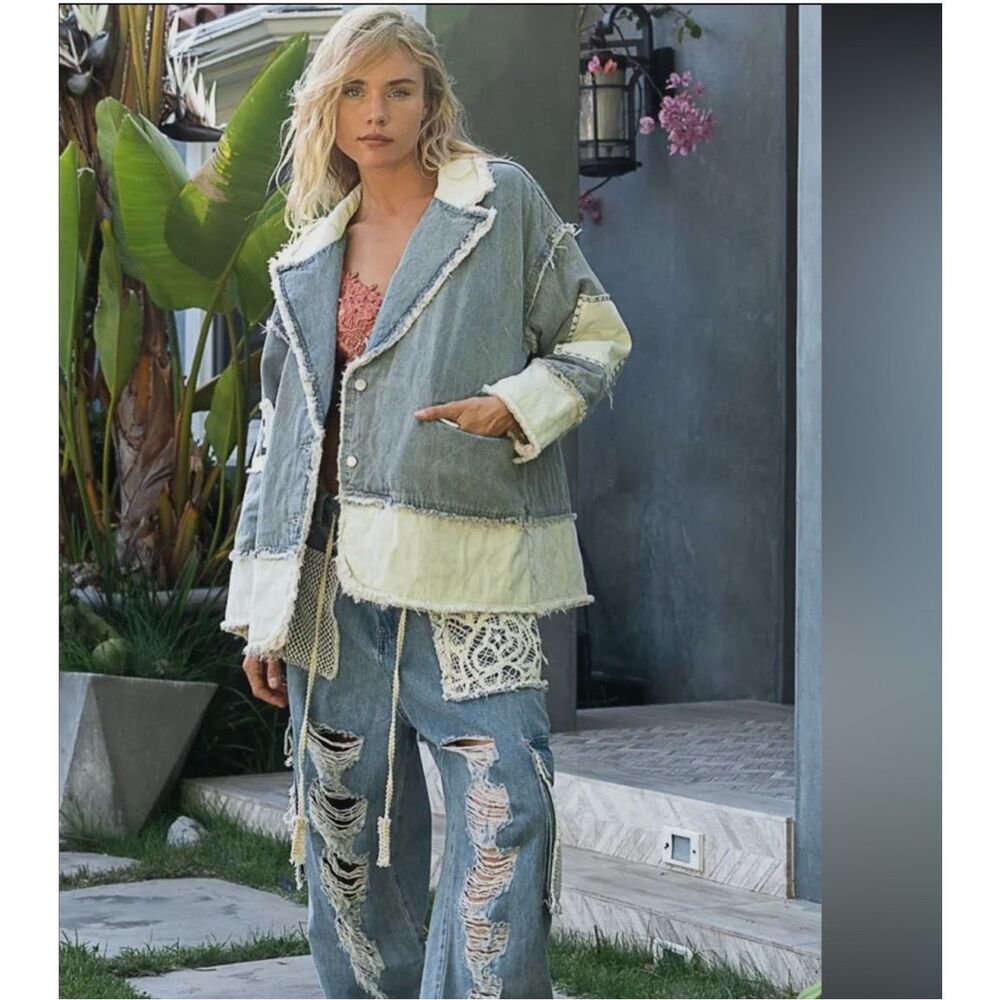 POL Patchwork Denim Studded Heart Jacket